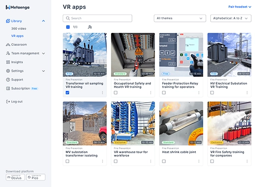 View from web to VR Training Library for enterprises in Metaenga XR Training Platform App