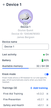 VR Headset settings and information page from mobile Metaenga app