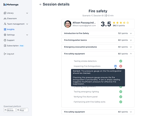 Personal VR Training Session Score and Details in web view on the Metaenga XR Training Platform