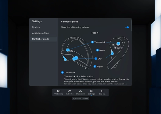 Metaenga XR Training Platform - VR headset controls and settings tab in VR App