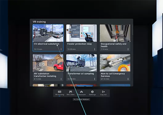 View from VR headset to VR Training Library for enterprises in Metaenga XR Training Platform App