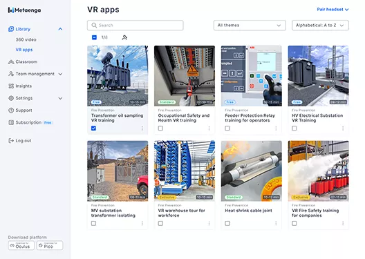 View from web to VR Training Library for enterprises in Metaenga XR Training Platform App
