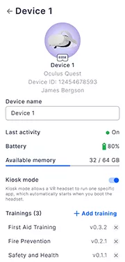 VR Headset settings and information page from mobile Metaenga app