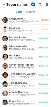 team and users group managements settings tab on the mobile metaenga app
