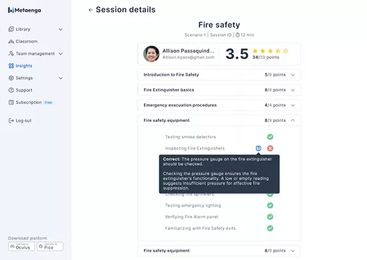 Personal VR Training Session Score and Details in web view on the Metaenga XR Training Platform