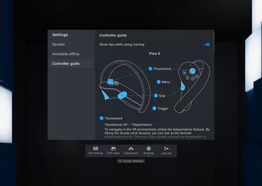 Metaenga XR Training Platform - VR headset controls and settings tab in VR App