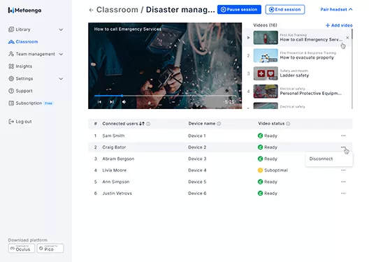 VR classrooms group training sessions with remote video playback and sync streaming from web